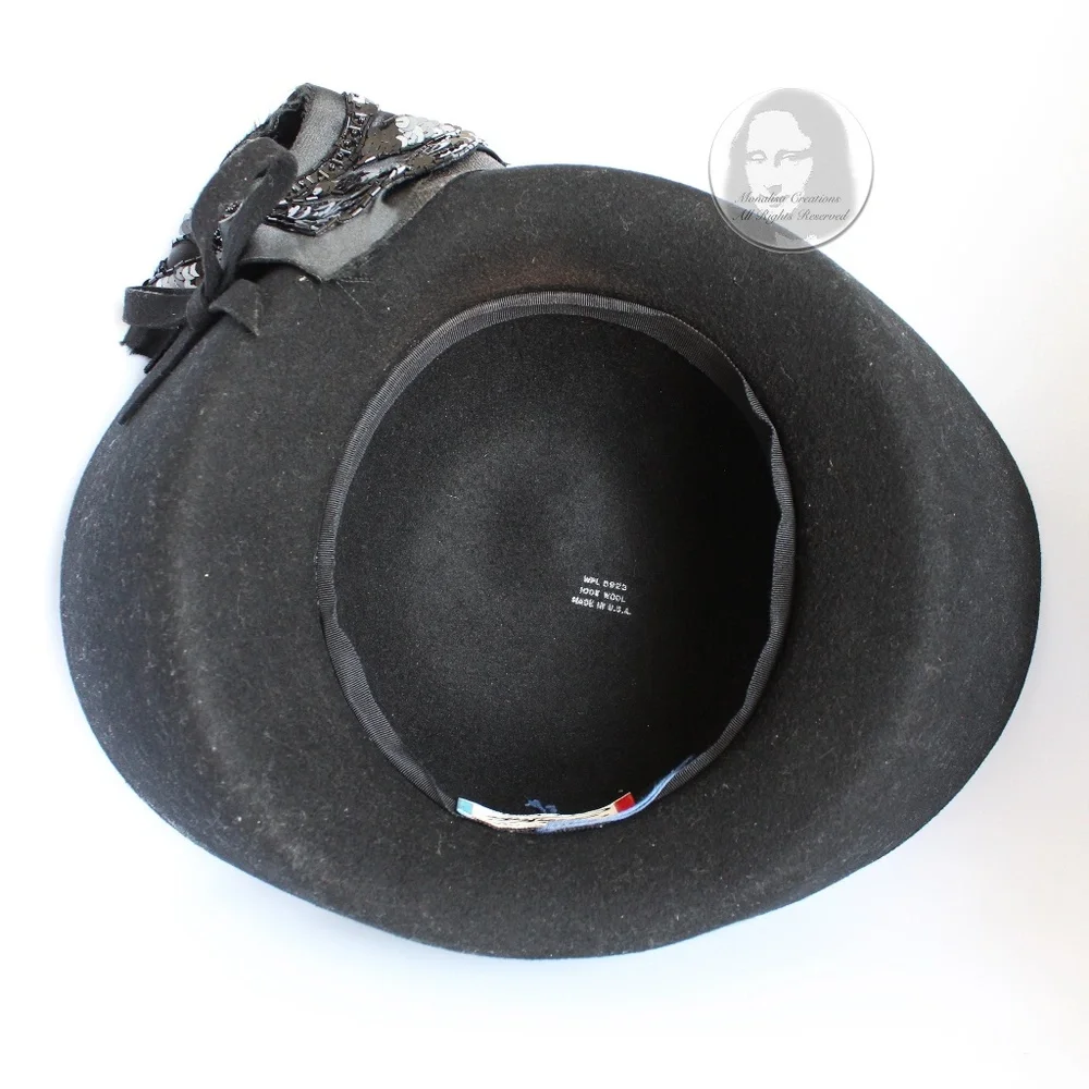 Mr. John Hat Breton Black Wool Felt Embellished Sequins Bow Formal Vintage 60s